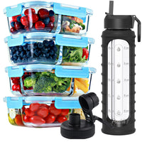2 & 3 Compartment Glass Meal Prep Containers with BLUE Lids (4 Pack, 32 oz) and 32 oz Glass Water Bottle with Time Marker (Black Ribbed Sleeve) Bundle