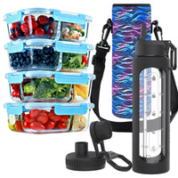 2 & 3 Compartment Glass Meal Prep Containers with BLUE Lids (4 Pack, 32 oz) and 32 oz Glass Water Bottle with Time Marker & Carrier (Black, Black Waves Carrier) Bundle