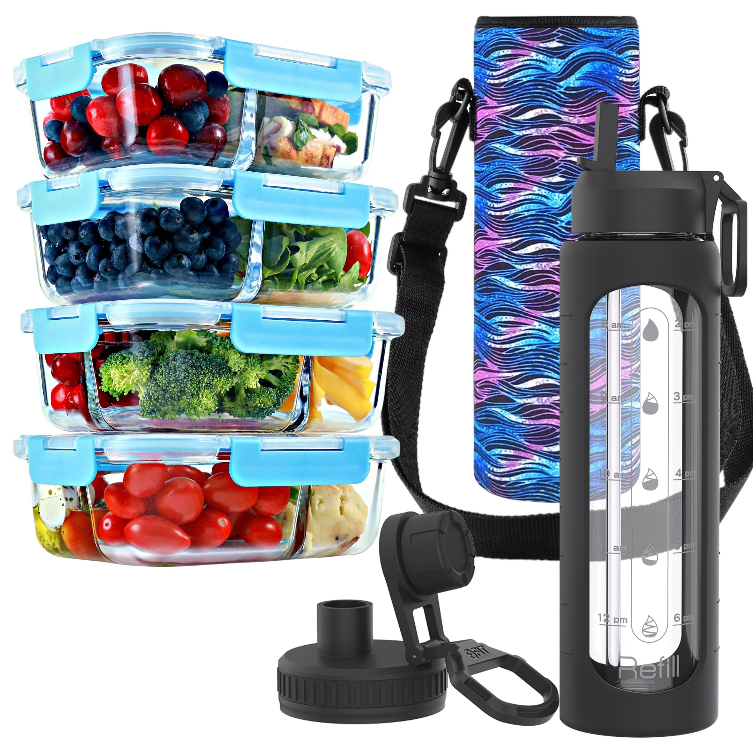 2 & 3 Compartment Glass Meal Prep Containers with BLUE Lids (4 Pack, 32 oz) and 32 oz Glass Water Bottle with Time Marker & Carrier (Black, Black Waves Carrier) Bundle