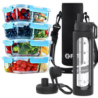 2 & 3 Compartment Glass Meal Prep Containers with BLUE Lids (4 Pack, 32 oz) and 32 oz Glass Water Bottle with Time Marker & Carrier (Black, Black Carrier) Bundle