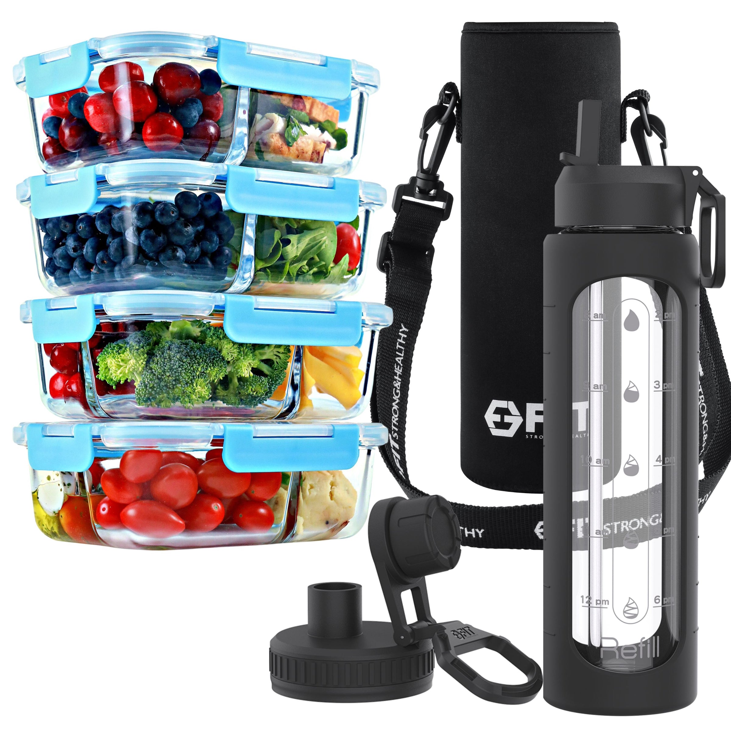 2 & 3 Compartment Glass Meal Prep Containers with BLUE Lids (4 Pack, 32 oz) and 32 oz Glass Water Bottle with Time Marker & Carrier (Black, Black Carrier) Bundle