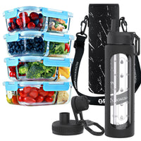 2 & 3 Compartment Glass Meal Prep Containers with BLUE Lids (4 Pack, 32 oz) and 32 oz Glass Water Bottle with Time Marker & Carrier (Black, White Marble Carrier) Bundle