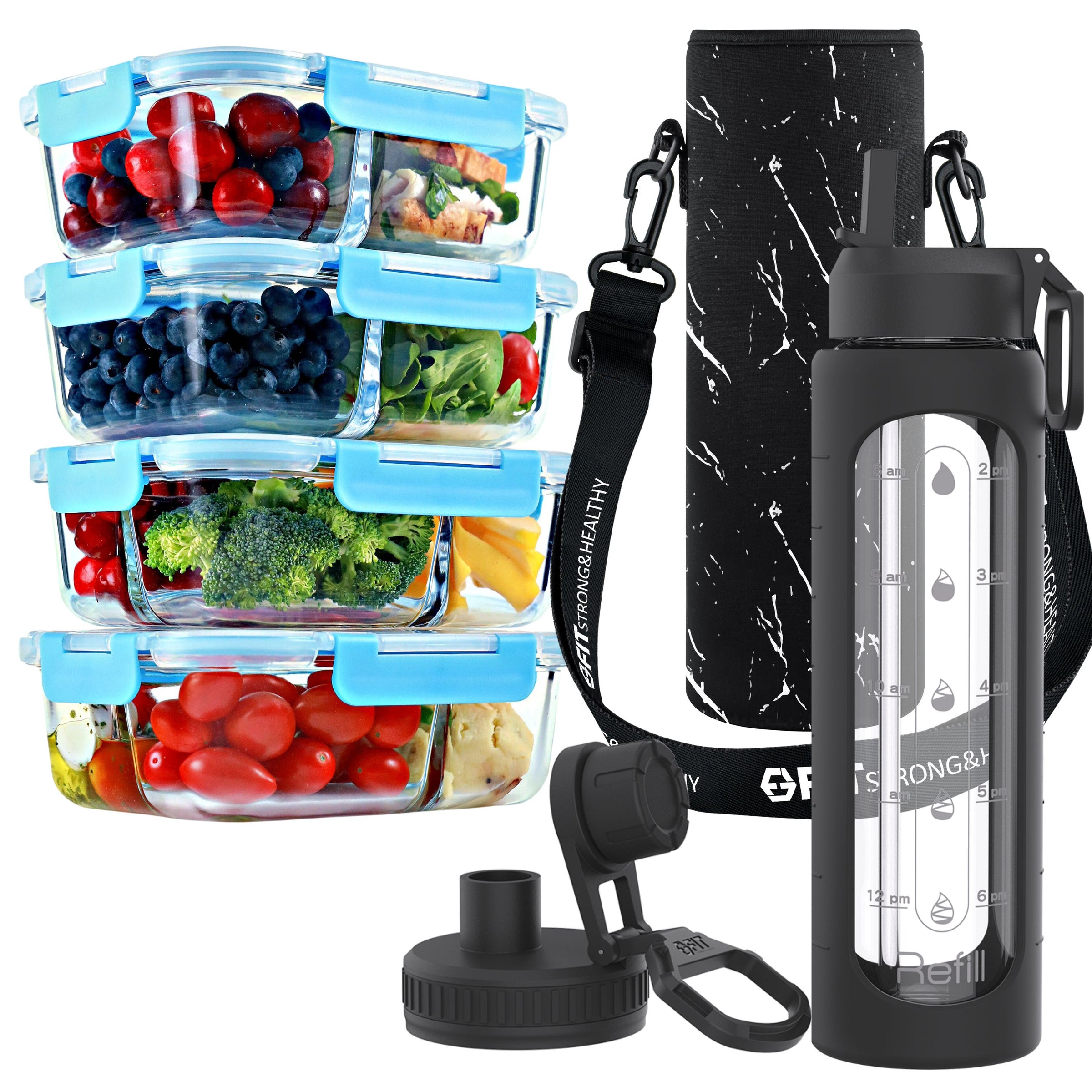 2 & 3 Compartment Glass Meal Prep Containers with BLUE Lids (4 Pack, 32 oz) and 32 oz Glass Water Bottle with Time Marker & Carrier (Black, White Marble Carrier) Bundle