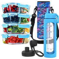 2 & 3 Compartment Glass Meal Prep Containers with BLUE Lids (4 Pack, 32 oz) and 32 oz Glass Water Bottle with Time Marker & Carrier (Blue, Black Waves Carrier) Bundle
