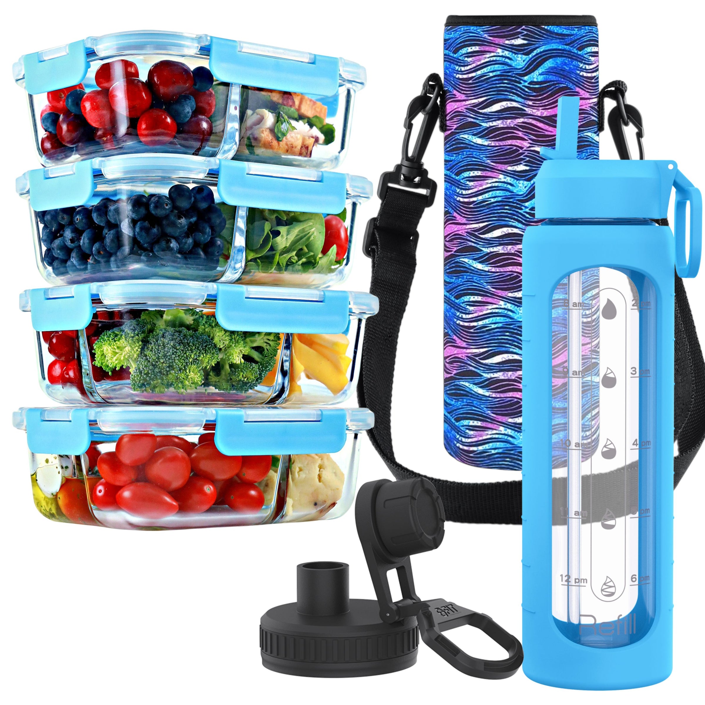 2 & 3 Compartment Glass Meal Prep Containers with BLUE Lids (4 Pack, 32 oz) and 32 oz Glass Water Bottle with Time Marker & Carrier (Blue, Black Waves Carrier) Bundle