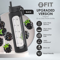 32 oz Glass Water Bottle with Time Marker, Extra Lid & Carrier (Black, Black Carrier)