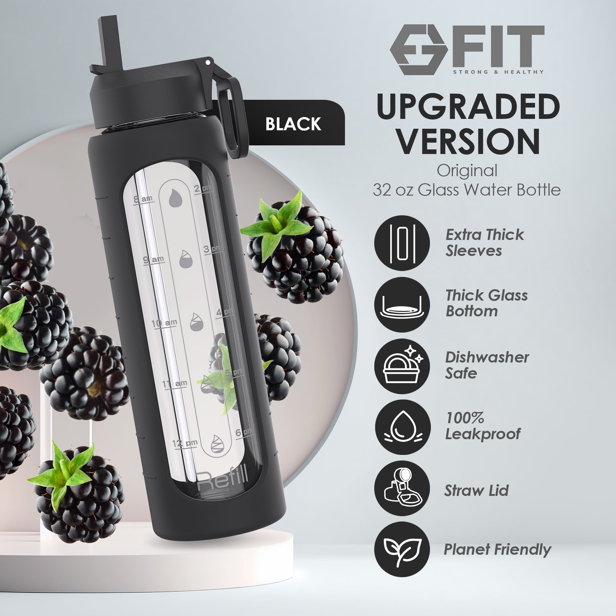 32 oz Glass Water Bottle with Time Marker, Extra Lid & Carrier (Black, Black Carrier)