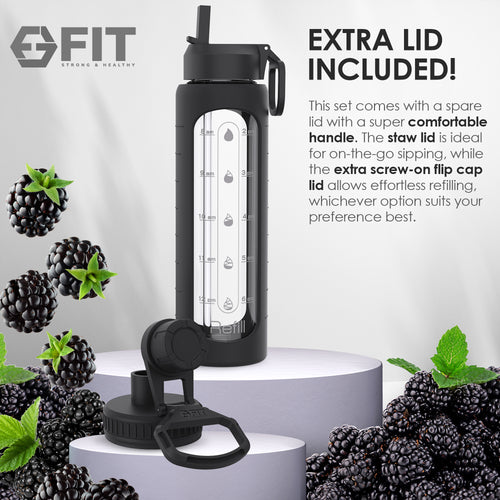 32 oz Glass Water Bottle with Time Marker Reminder, Removable Silicone Sleeve and EXTRA LID (BLACK)