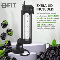 32 oz Glass Water Bottle with Time Marker, Extra Lid & Carrier (Black, Black Carrier)