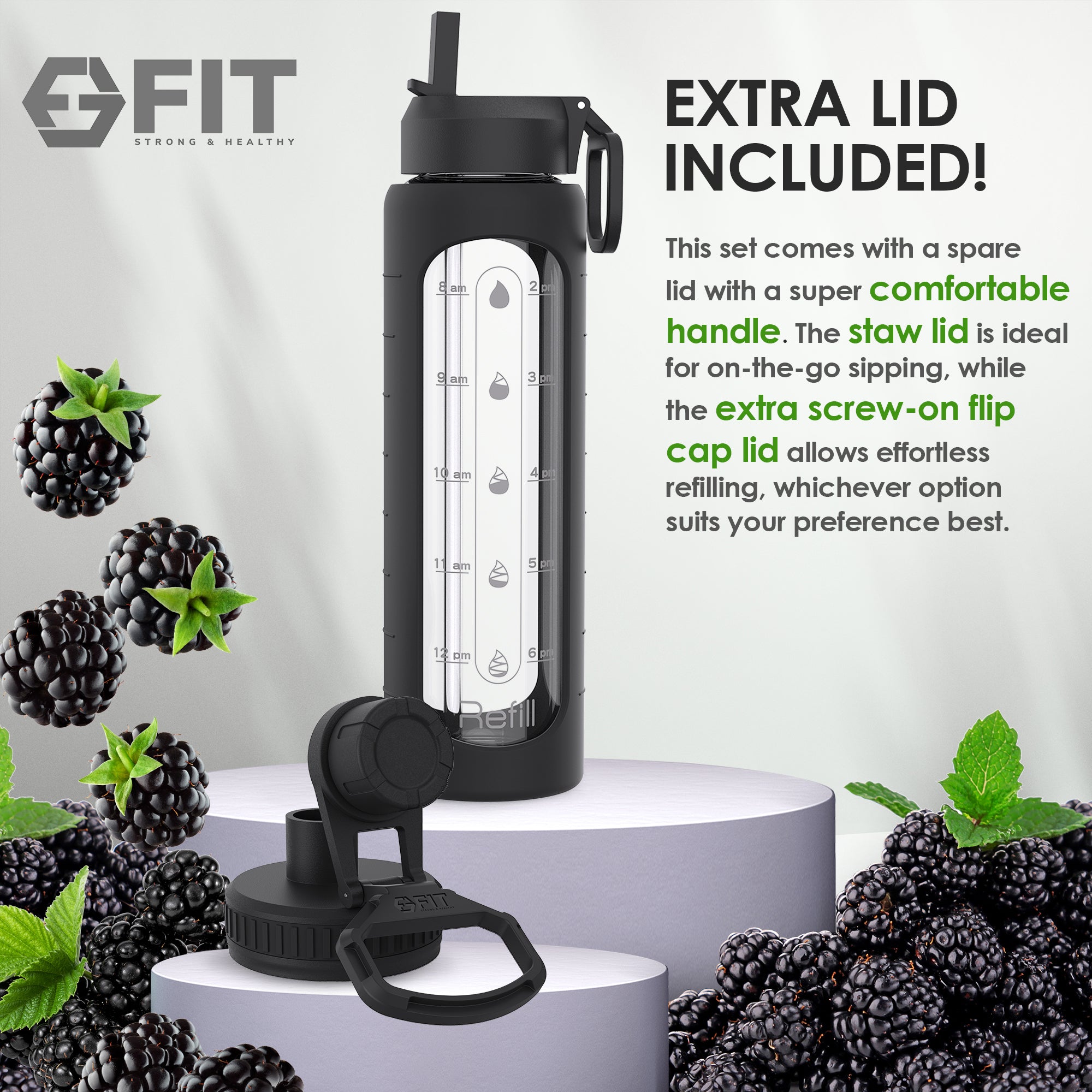 32 oz Glass Water Bottle with Time Marker, Extra Lid & Carrier (Black, White Marble Carrier)