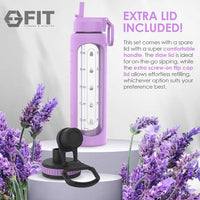 32 oz Glass Water Bottle with Time Marker and Extra Lid (Lavender Sleeve)