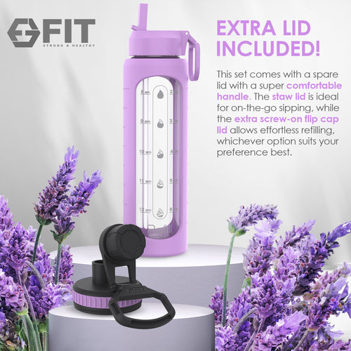32 oz Glass Water Bottle with Time Marker Reminder, Removable Silicone Sleeve and EXTRA LID (LAVENDER)