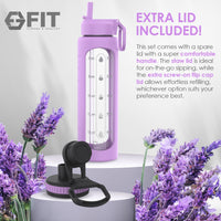 2 & 3 Compartment Glass Meal Prep Containers with LAVENDER Lids (4 Pack, 32 oz) and 32 oz Glass Water Bottle with Time Marker (Lavender) Bundle
