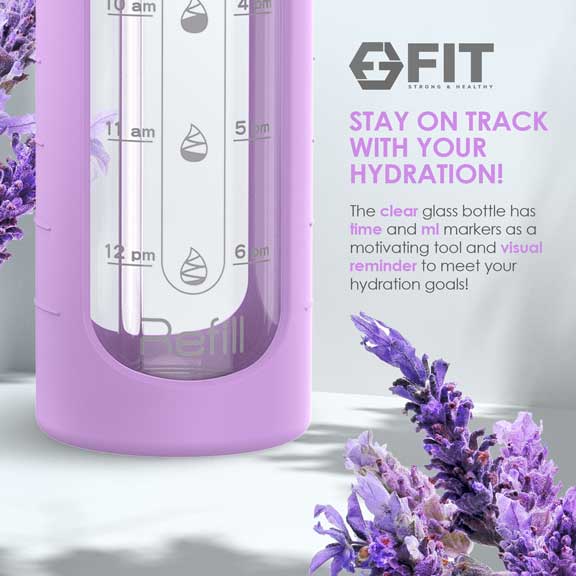 32 oz Glass Water Bottle with Time Marker and Extra Lid (Lavender Sleeve)