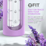 32 oz Glass Water Bottle with Straw Lid, Time Marker, Silicone Sleeve & Extra Lid (Lavender Sleeve)
