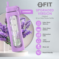 2 & 3 Compartment Glass Meal Prep Containers with LAVENDER Lids (4 Pack, 32 oz) and 32 oz Glass Water Bottle with Time Marker (Lavender) Bundle