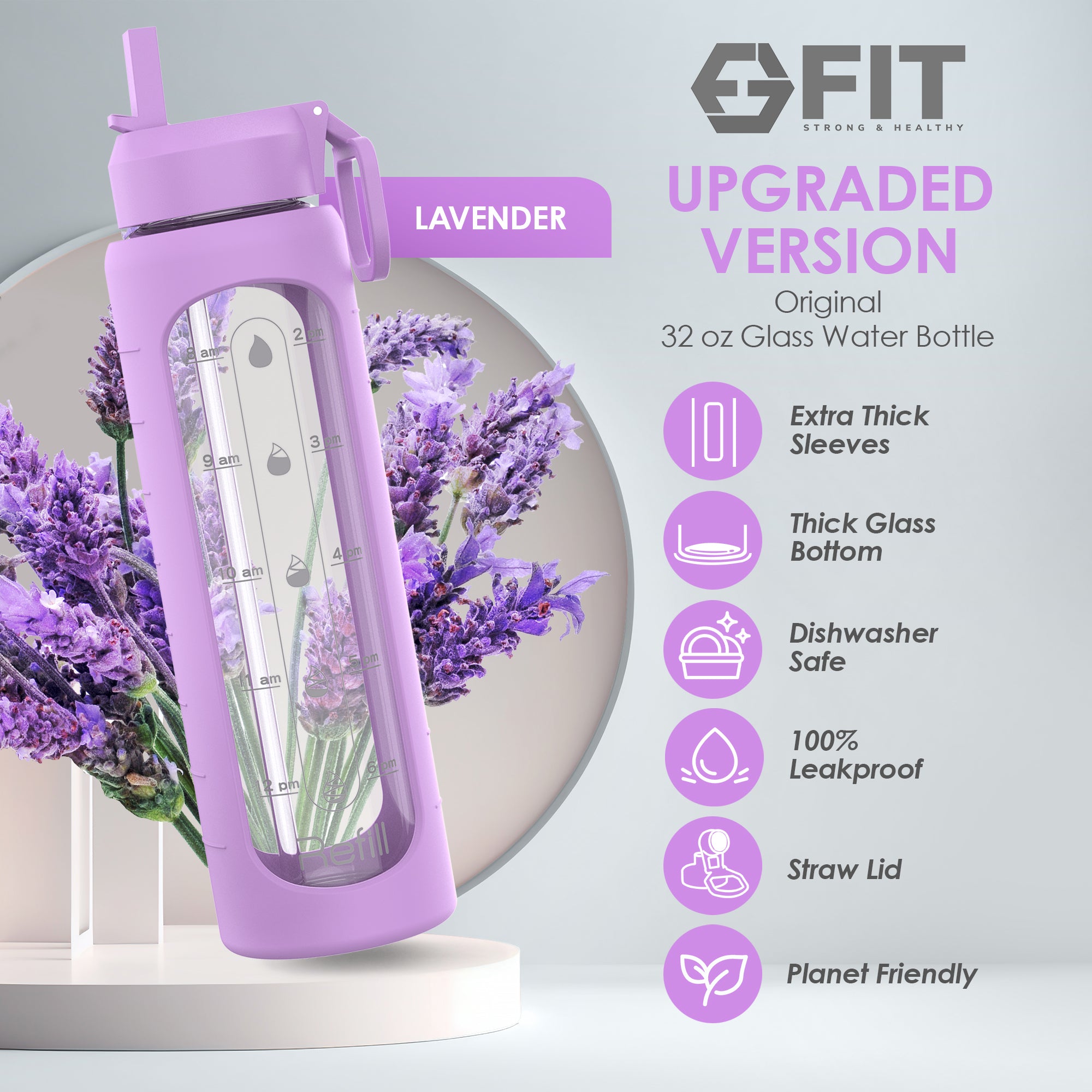 2 & 3 Compartment Glass Meal Prep Containers with LAVENDER Lids (4 Pack, 32 oz) and 32 oz Glass Water Bottle with Time Marker (Lavender) Bundle