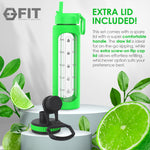32 oz Glass Water Bottle with Time Marker Reminder, Removable Silicone Sleeve and EXTRA LID (LIME)