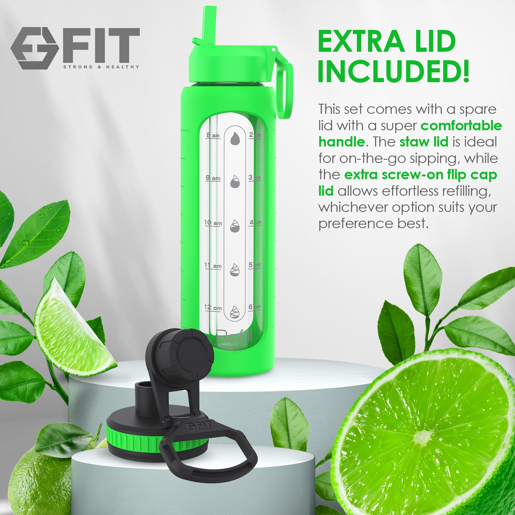 Bento Box Lunch Containers with Lids - 3 Removable Compartments (39 oz, 3 Pack) and 32 oz Glass Water Bottle with Time Marker (Lime) Bundle