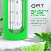 32 oz Glass Water Bottle with Time Marker and Extra Lid (Lime Sleeve)