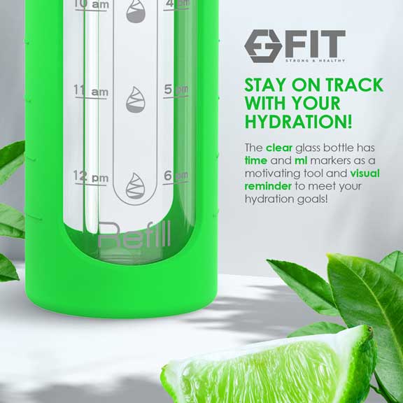 32 oz Glass Water Bottle with Time Marker and Extra Lid (Lime Sleeve)