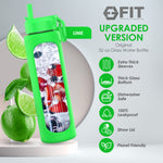 32 oz Glass Water Bottle with Time Marker Reminder, Removable Silicone Sleeve and EXTRA LID (LIME)