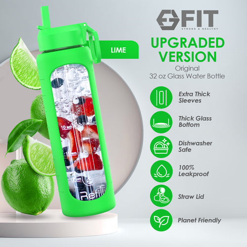 32 oz Glass Water Bottle with Straw Lid, Time Marker, Silicone Sleeve & Extra Lid (Lime Sleeve)
