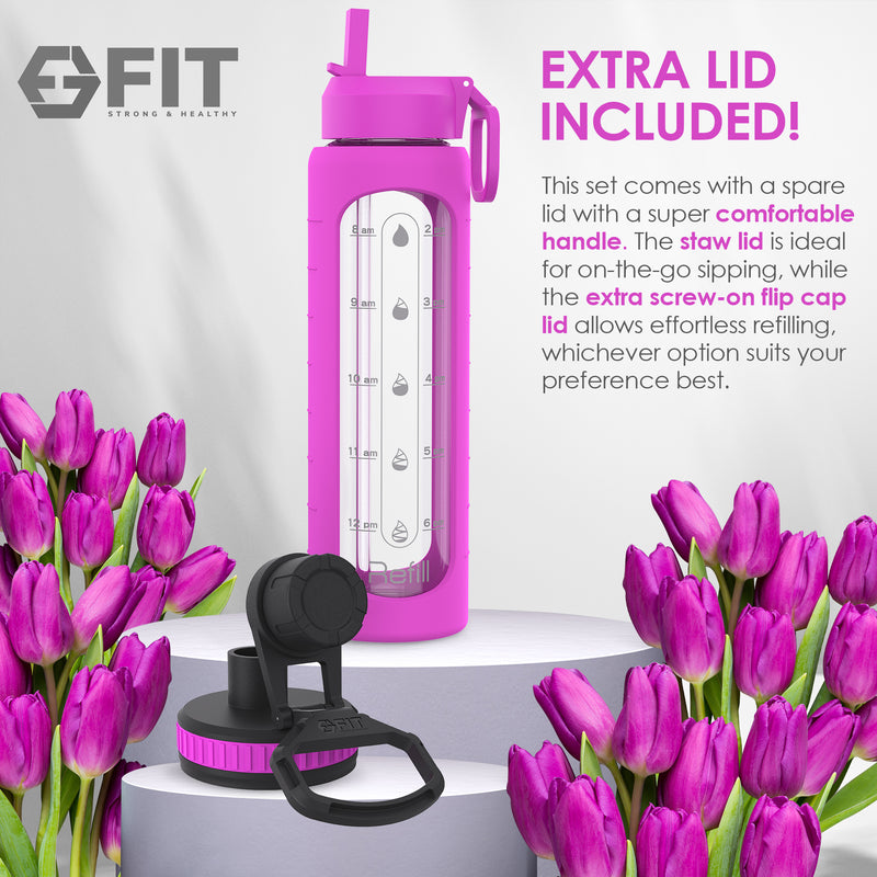 32 oz Glass Water Bottle with Time Marker Reminder, Removable Silicone Sleeve and EXTRA LID (PURPLE) + CLEANING BRUSH