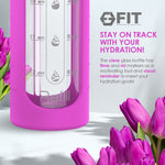 32 oz Glass Water Bottle with Straw Lid, Time Marker, Sleeve, Extra Lid & Water Bottle Holder with Strap (Purple, Floral Carrier)