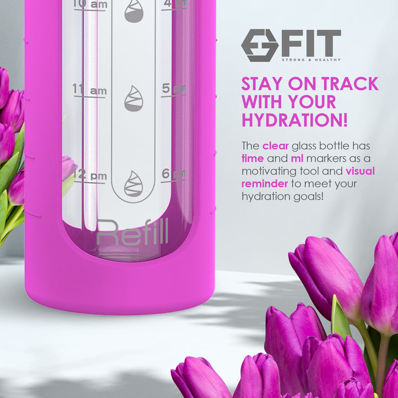 32 oz Glass Water Bottle with Time Marker Reminder, Removable Silicone Sleeve and EXTRA LID (PURPLE)