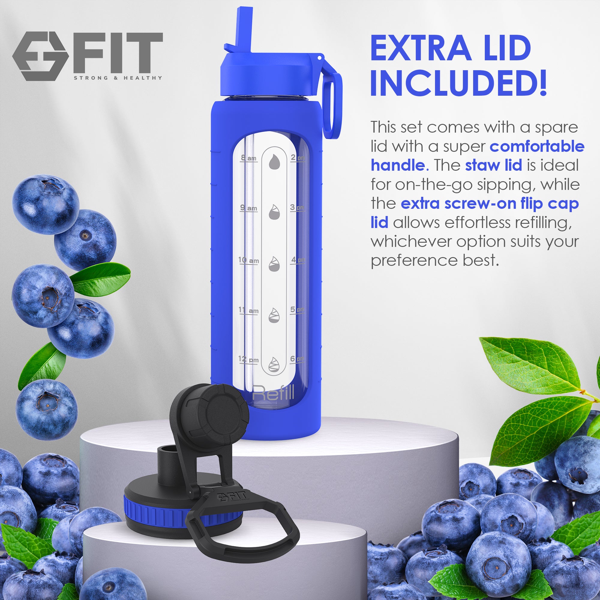 32 oz Glass Water Bottle with Time Marker, Extra Lid & Carrier (Royal Blue, Blue Marble Carrier)