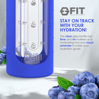 32 oz Glass Water Bottle with Time Marker, Extra Lid & Carrier (Royal Blue, Blue Marble Carrier)