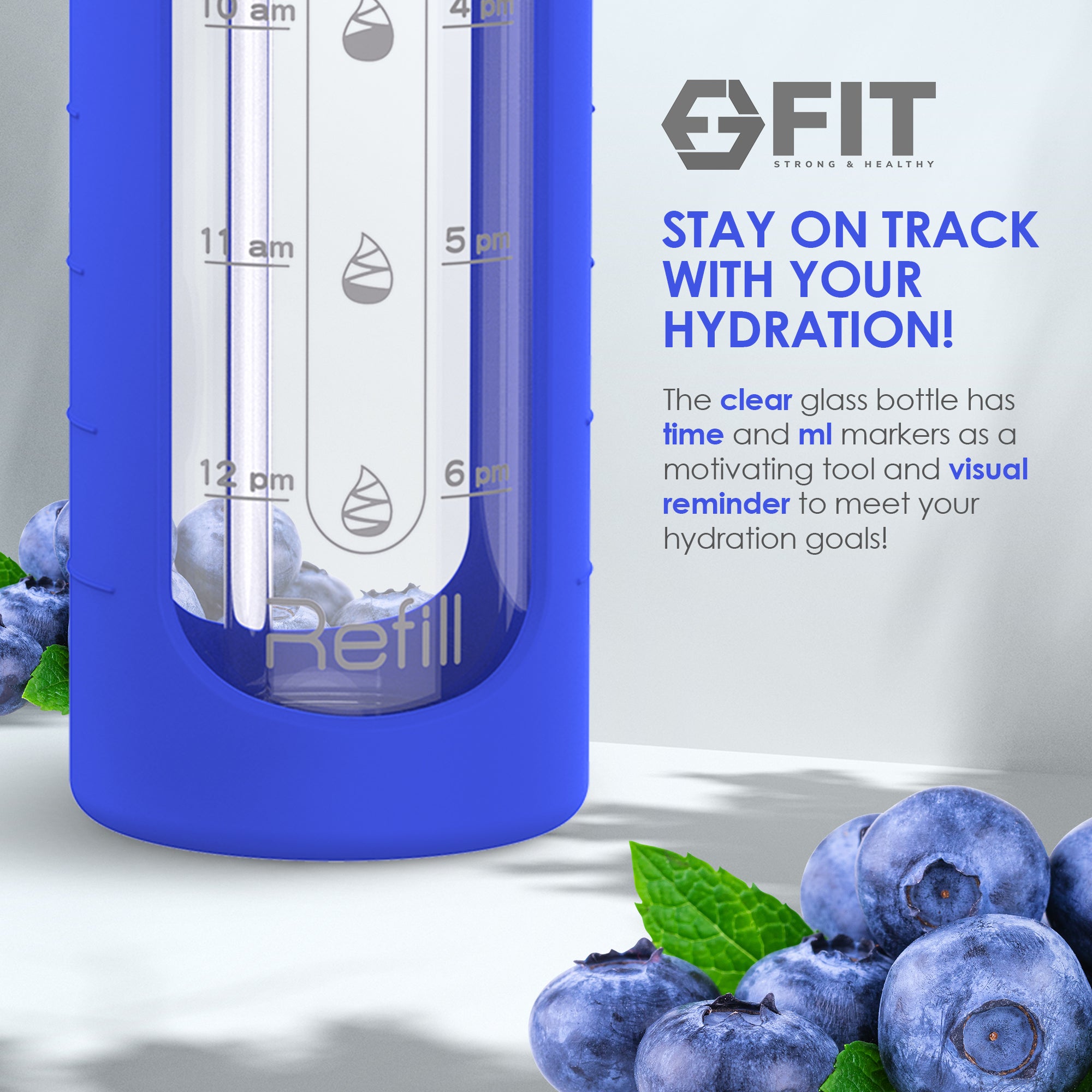 32 oz Glass Water Bottle with Time Marker, Extra Lid & Carrier (Royal Blue, Blue Marble Carrier)