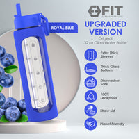 32 oz Glass Water Bottle with Time Marker, Extra Lid & Carrier (Royal Blue, Blue Marble Carrier)
