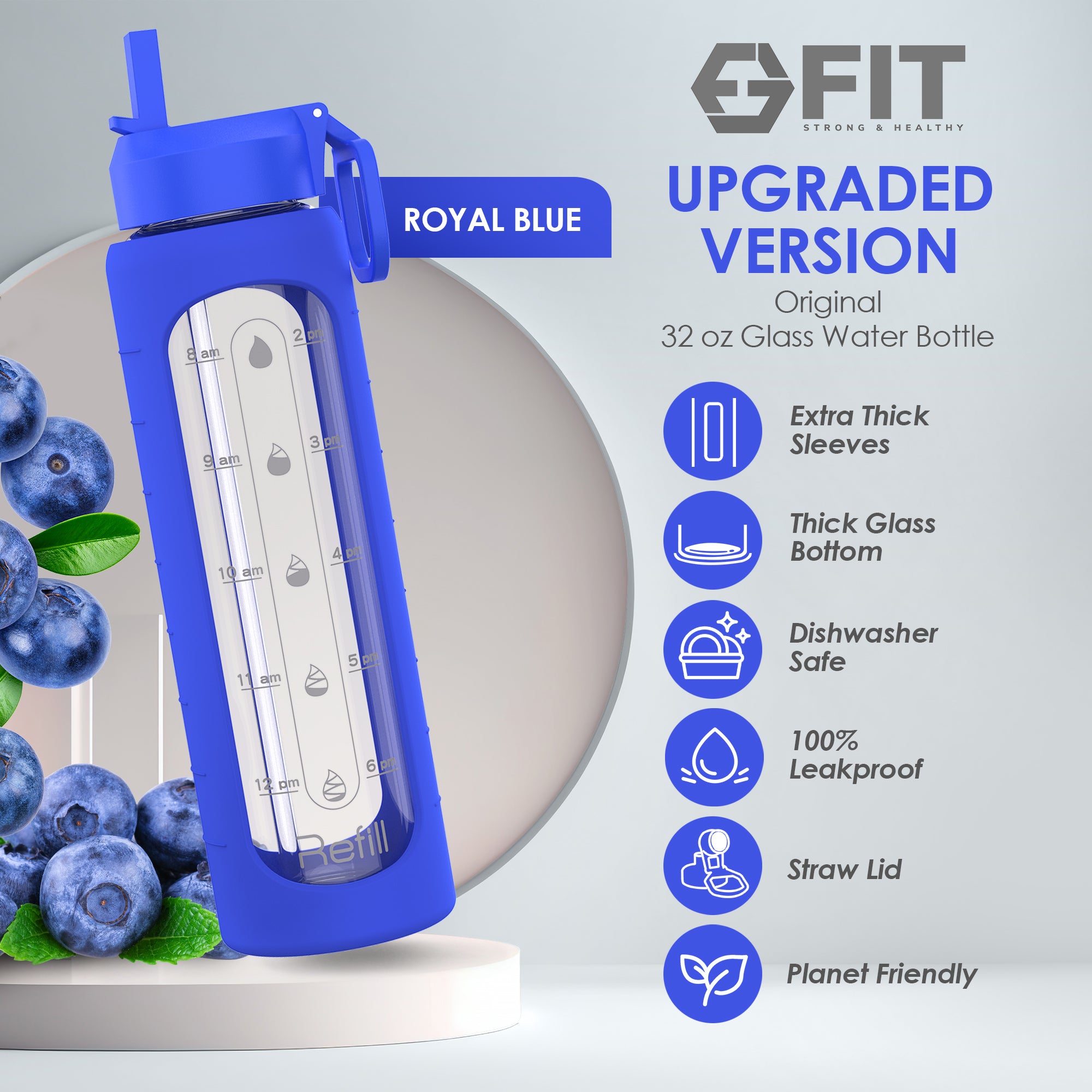 32 oz Glass Water Bottle with Time Marker, Extra Lid & Carrier (Royal Blue, Blue Marble Carrier)