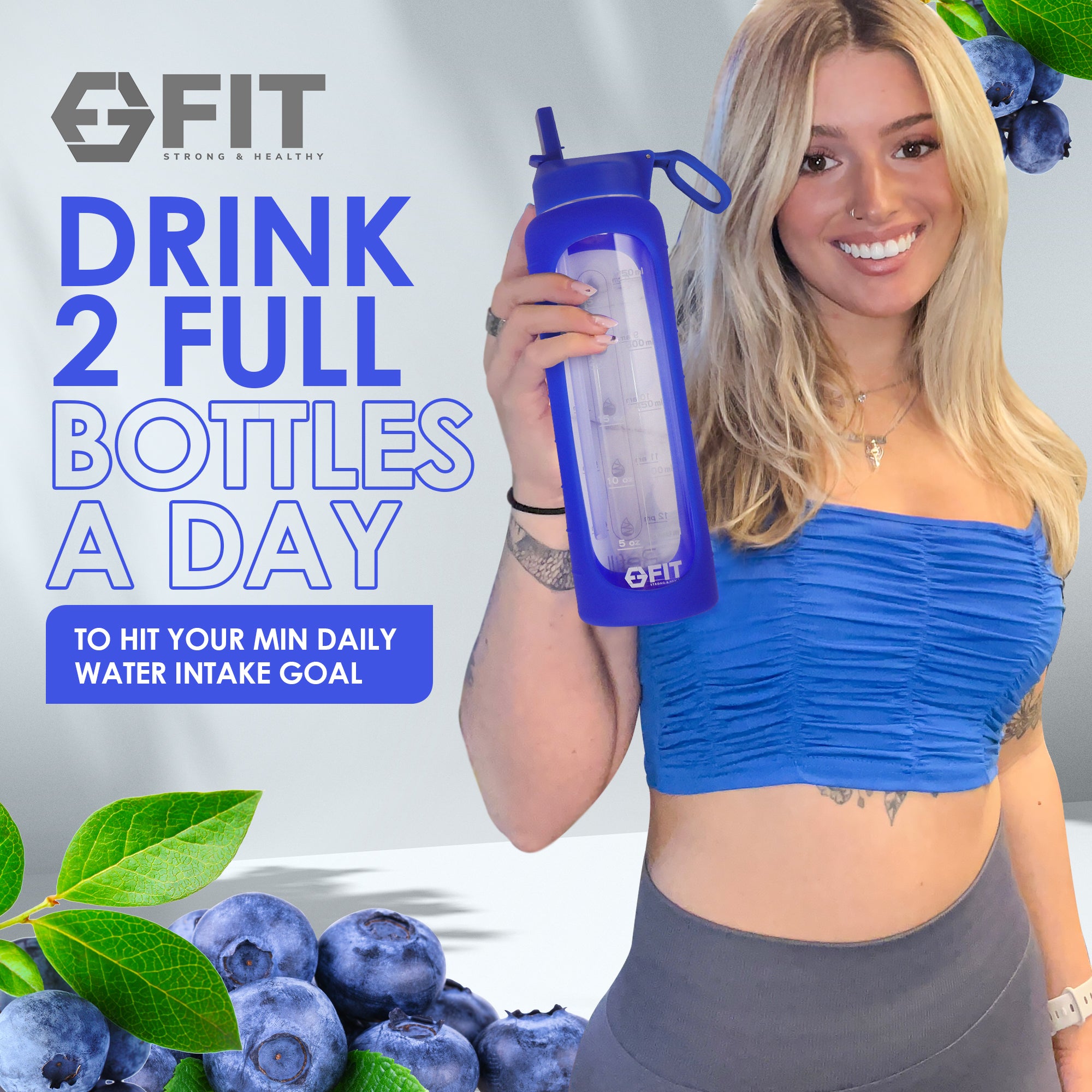 32 oz Glass Water Bottle with Time Marker, Extra Lid & Carrier (Royal Blue, Blue Marble Carrier)