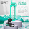 32 oz Glass Water Bottle with Time Marker Reminder, Removable Silicone Sleeve and EXTRA LID (SEAFOAM) + CLEANING BRUSH