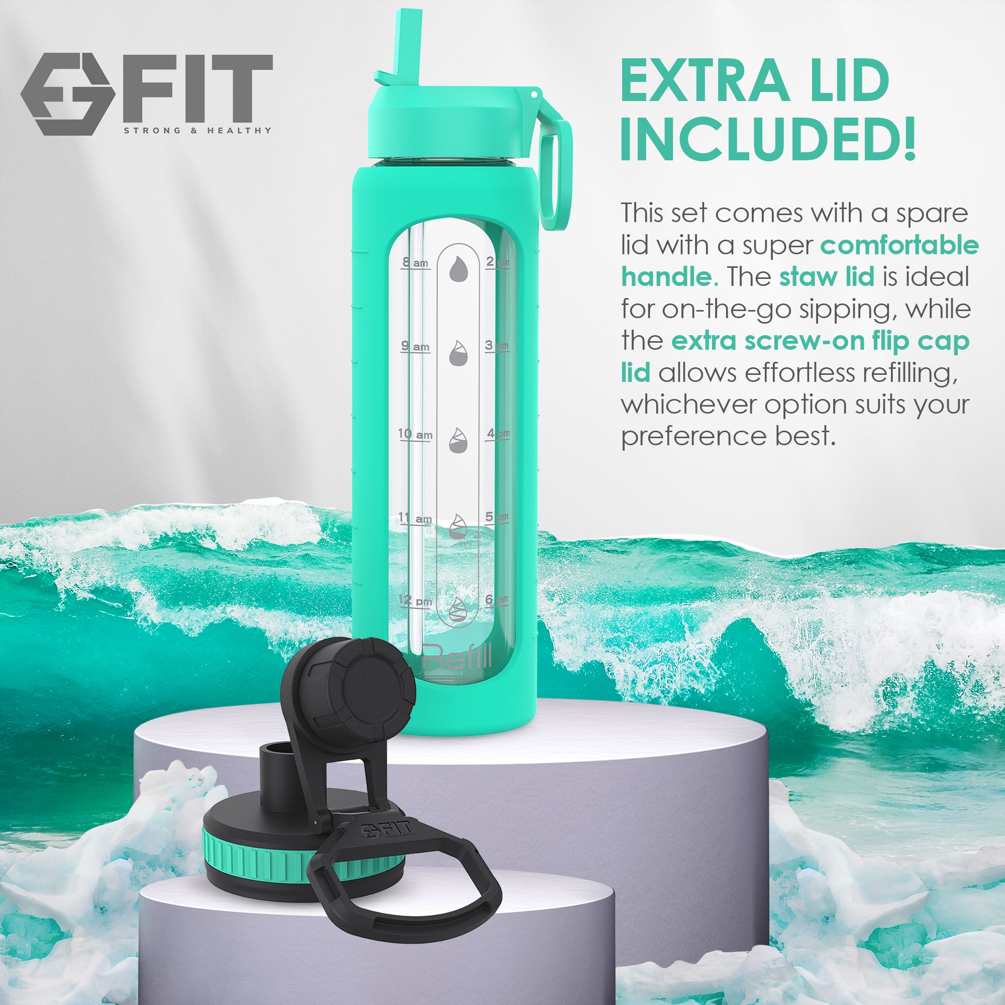 32 oz Glass Water Bottle with Time Marker, Extra Lid & Carrier (Seafoam, Blue Marble Carrier)