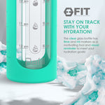 32 oz Glass Water Bottle with Straw Lid, Time Marker, Silicone Sleeve & Extra Lid (Seafoam Sleeve)