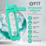 32 oz Glass Water Bottle with Time Marker and Water Bottle Holder With Strap - EXTRA LID, Reusable, Wide Mouth (Seafoam Sleeve, Floral Carrier)