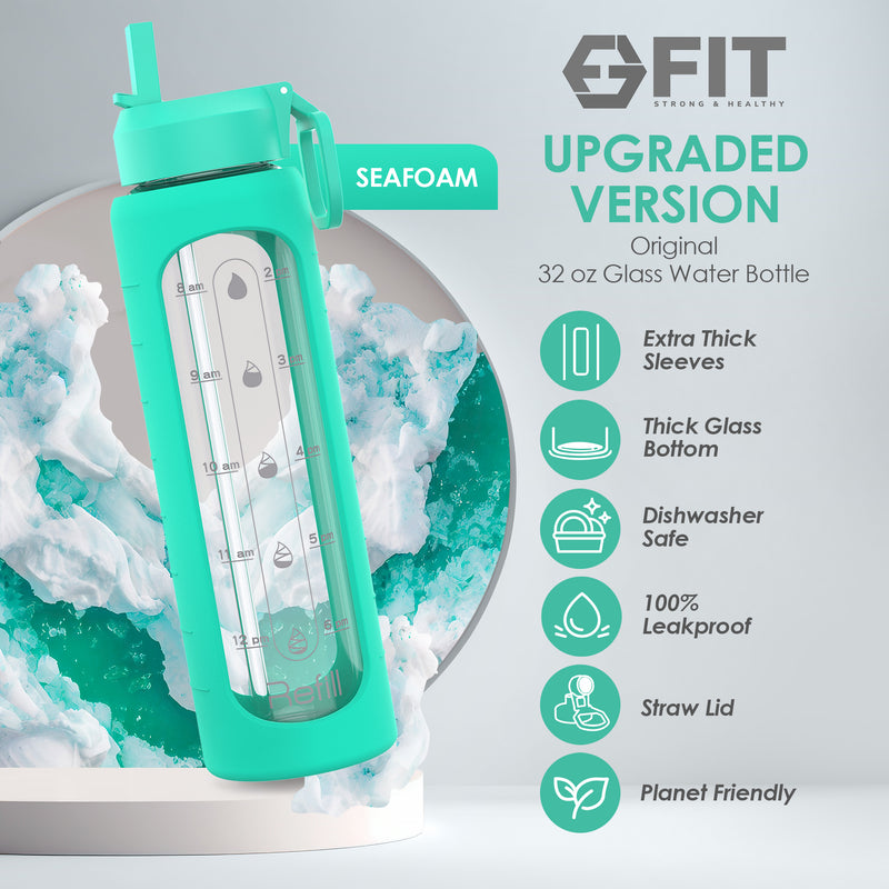 32 oz Glass Water Bottle with Time Marker Reminder, Removable Silicone Sleeve and EXTRA LID (SEAFOAM)