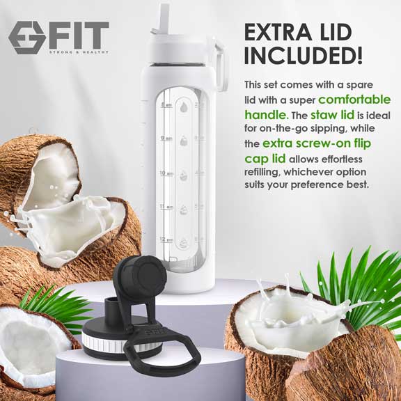 32 oz Glass Water Bottle with Time Marker and Brush (White, Cleaning Brush)