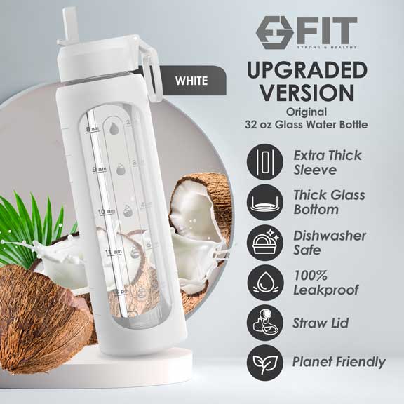 32 oz Glass Water Bottle with Time Marker and Extra Lid (White Sleeve)