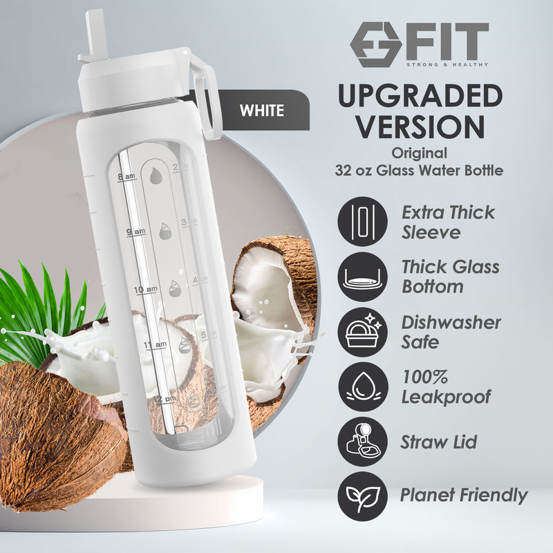 32 oz Glass Water Bottle with Straw Lid, Time Marker, Silicone Sleeve & Extra Lid (White Sleeve)