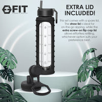 32 oz Glass Water Bottle with Time Marker and Extra Lid (Black Ribbed Sleeve)
