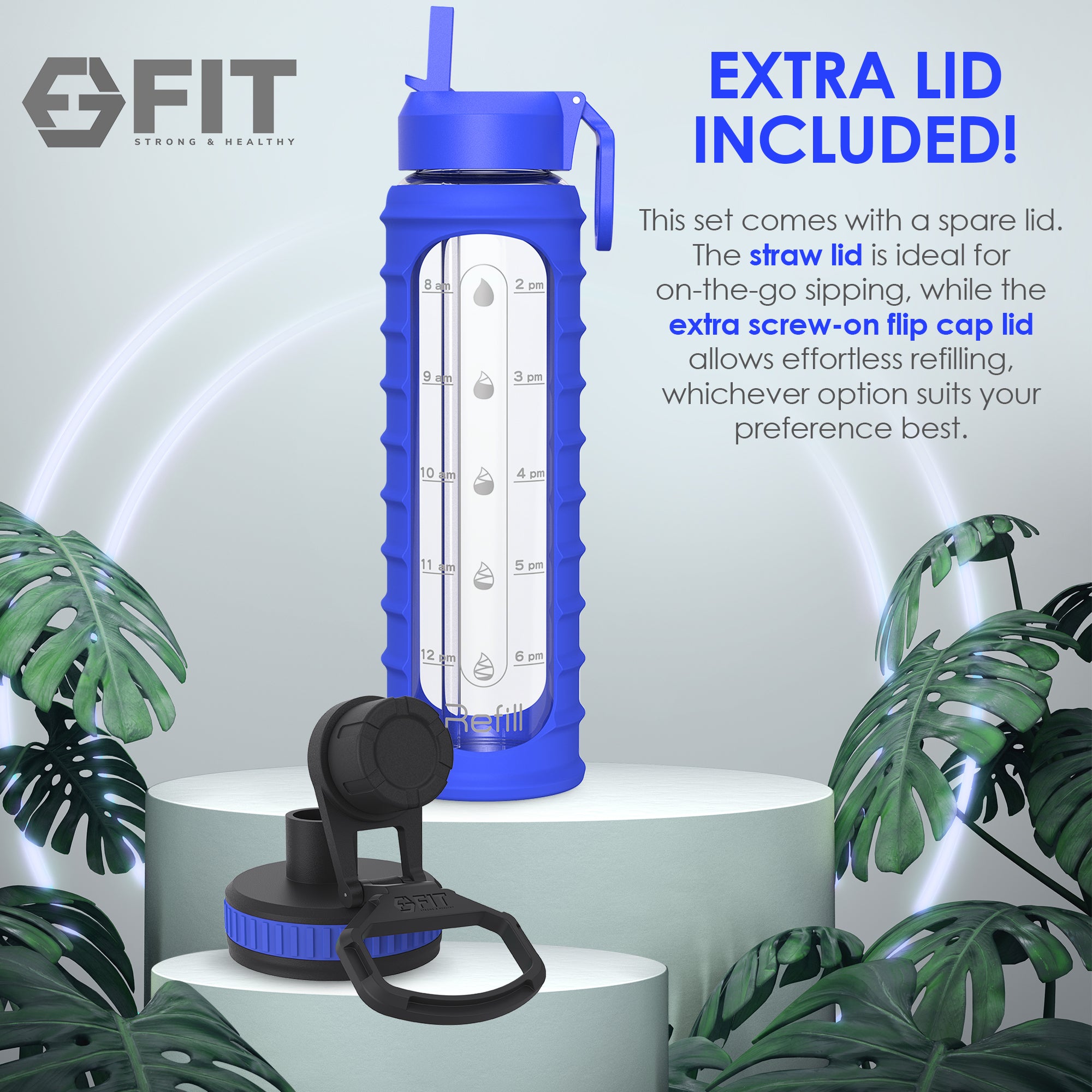 32 oz Glass Water Bottle with Time Marker and Extra Lid (Royal Blue Ribbed Sleeve)