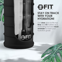 32 oz Glass Water Bottle with Time Marker and Extra Lid (Black Ribbed Sleeve)