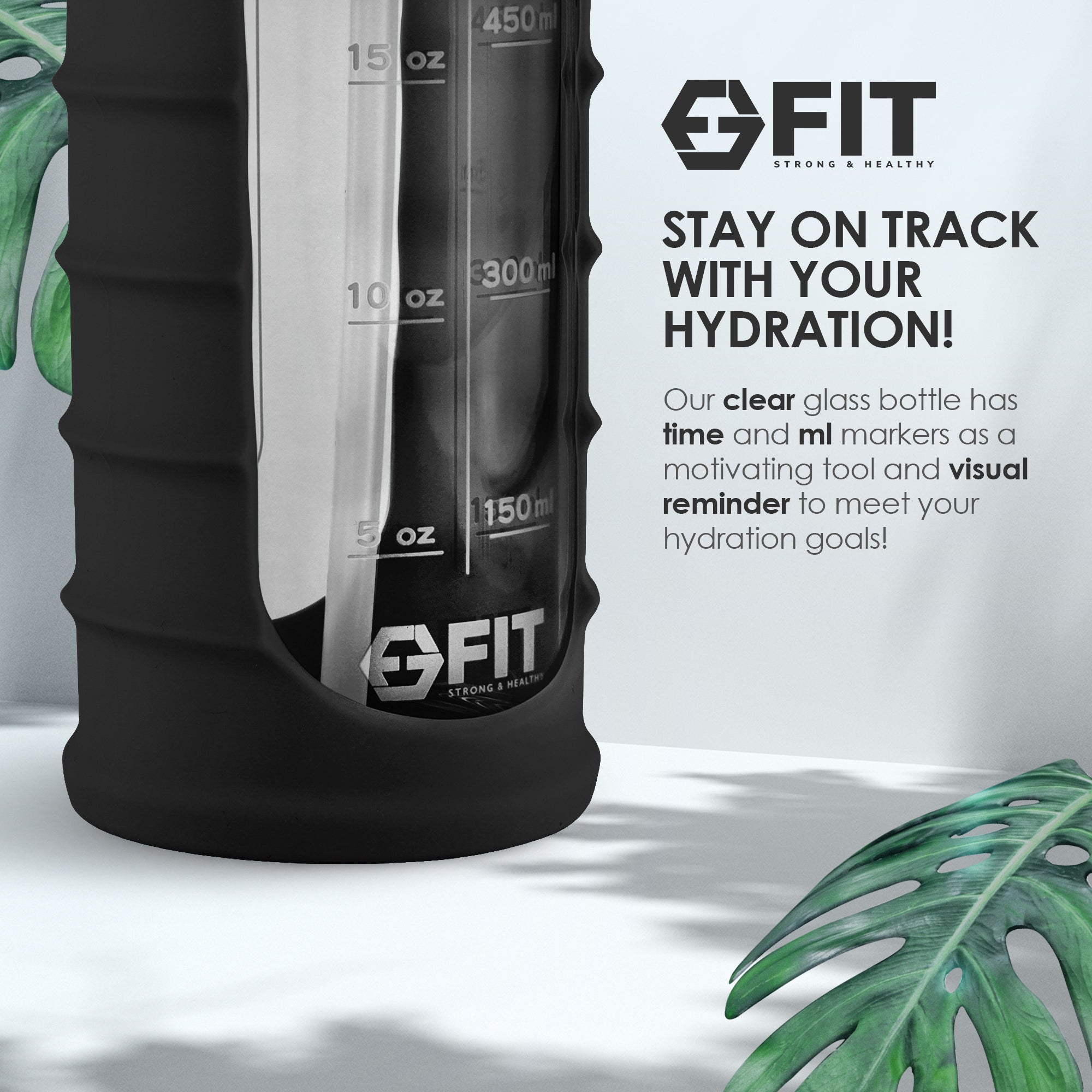 32 oz Glass Water Bottle with Time Marker and Extra Lid (Black Ribbed Sleeve)
