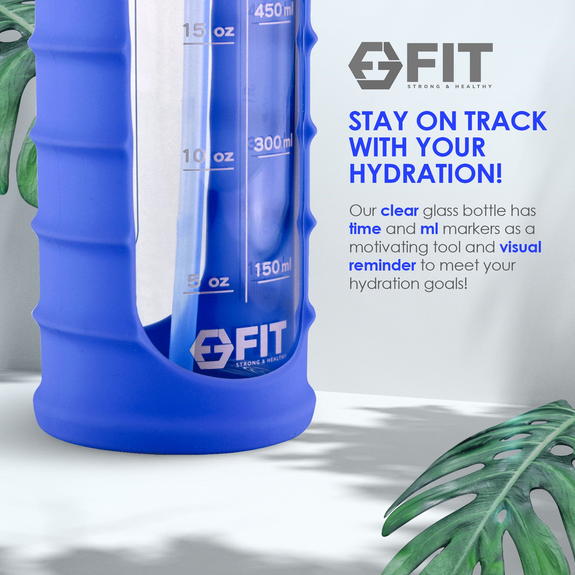 32 oz Glass Water Bottle with Time Marker and Extra Lid (Royal Blue Ribbed Sleeve)