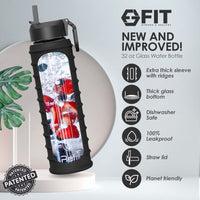32 oz Glass Water Bottle with Time Marker and Extra Lid (Black Ribbed Sleeve)